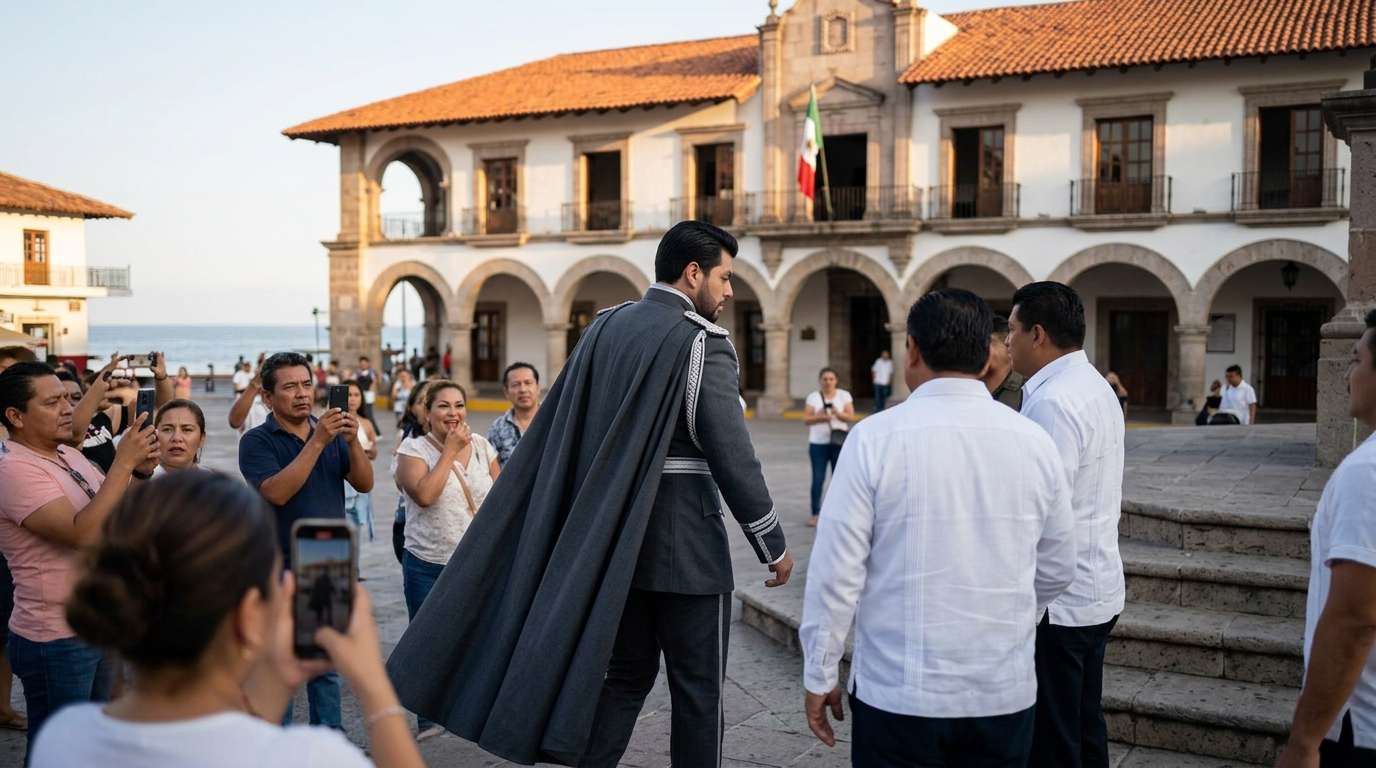 Un traje de corte militar con capa: la elección de vestuario del alcalde de Elota que desató conversación en redes
